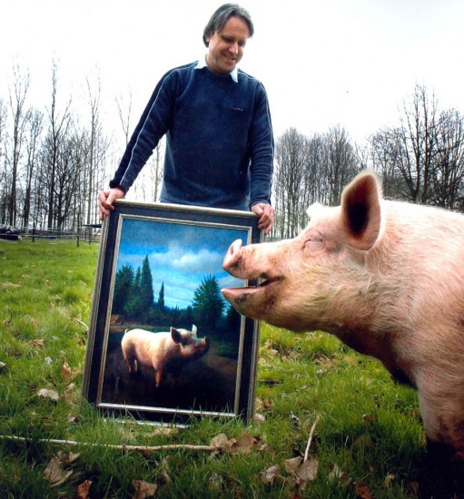 Foto: Herman en schilderij en model Toon.