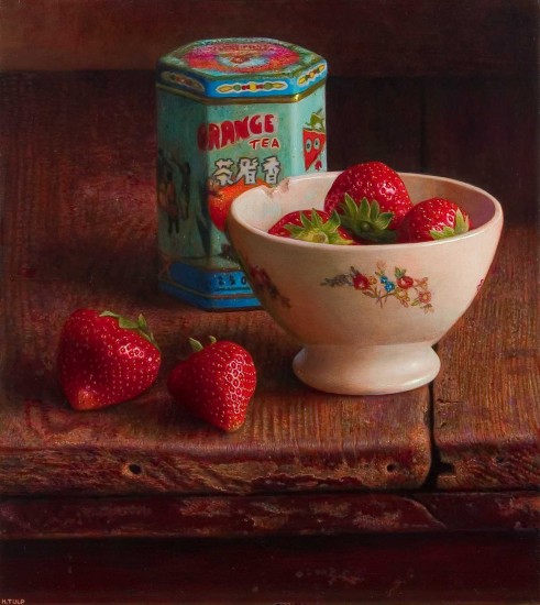 Blue tin with strawberries