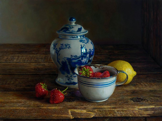 Still life with strawberries and lemon