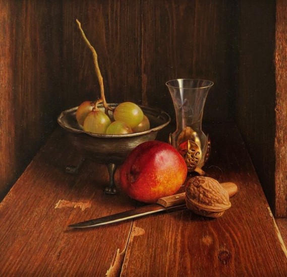 still life with knife, nectarine and grapes