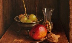 still life with knife, nectarine and grapes